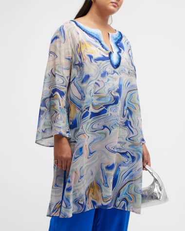 Gabriella Rossetti Valentina Marble-Print Embroidered Silk Tunic