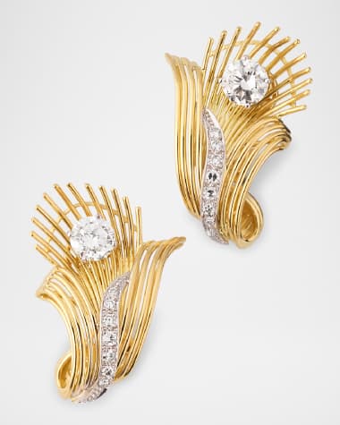NM Estate Estate 18K Gold and Platinum 16 Diamond Floral Spray Earrings