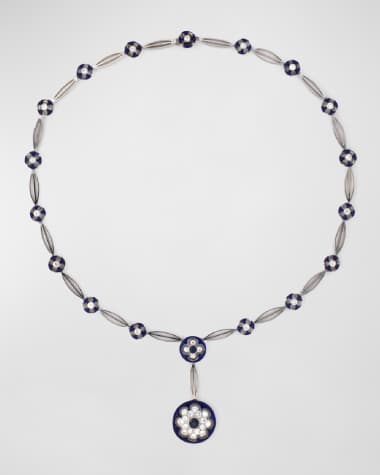 NM Estate Estate Platinum and Blue Enamel Y Necklace with Sapphires and Diamonds, 16.5"L