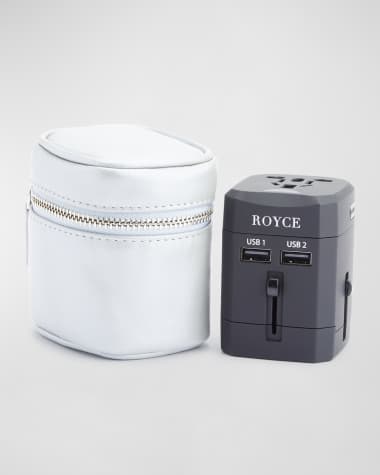 ROYCE New York International Travel Adapter & Monogrammed Leather Case Set