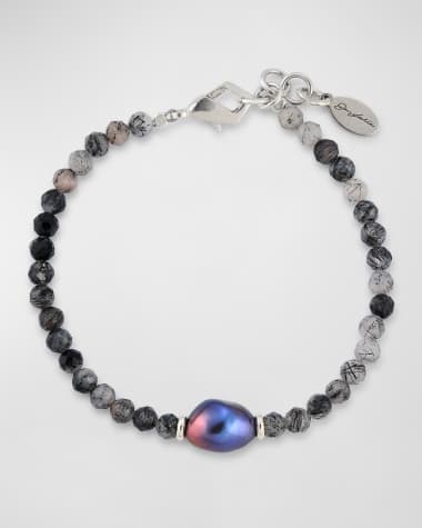 Jan Leslie Men's Rutliated Quartz Beaded Bracelet with Grey Pearl