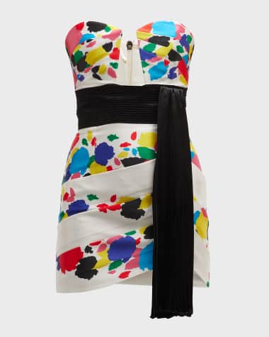 RAISAVANESSA Floral Bustier Mini Dress w/ Sash Detail