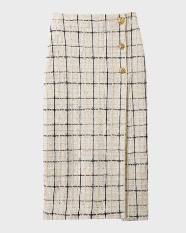 St. John Plaid Boucle Tweed Knit Button-Front Midi Skirt