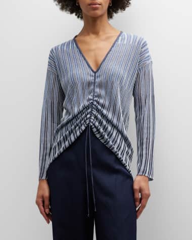 Emporio Armani Striped Tie-Front Long-Sleeve Knit Top