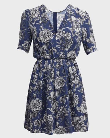 Adam Lippes Floral-Print V-Neck Pleated Voile Mini Dress