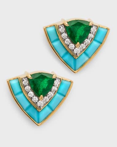 Emily P. Wheeler Tiered Stud Earrings in 18K Yellow Gold with Emeralds, Diamonds and Turquoise