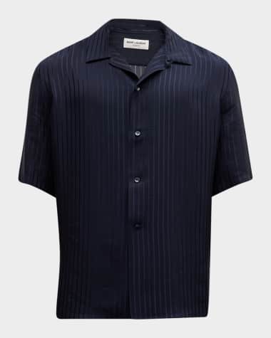 Saint Laurent Men's Jacquard Stripe Silk Camp Shirt