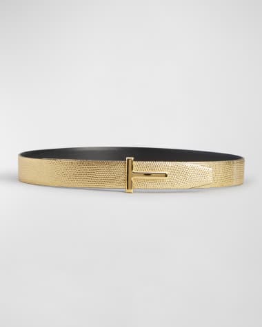 TOM FORD Golden Lizard-Embossed Reversible Leather Belt