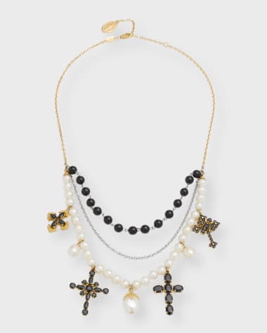 Dolce&Gabbana 18K Yellow and White Gold Black Sapphire Pearl Cross Choker Necklace