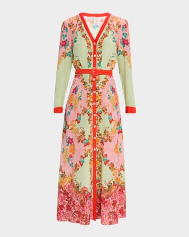 Saloni Lea Button-Front Printed Midi Silk Shirtdress