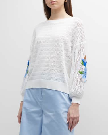 Misook Embroidered Pointelle Knit Sweater