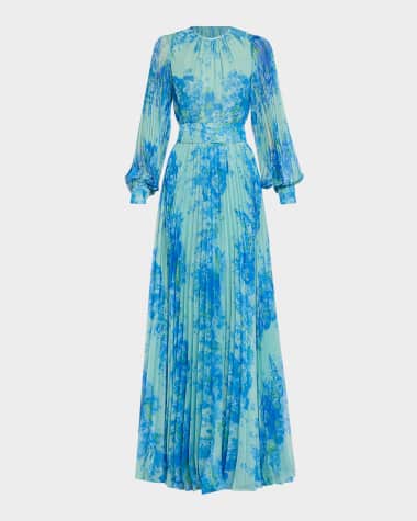Rickie Freeman for Teri Jon Pleated Floral-Print Blouson-Sleeve Gown