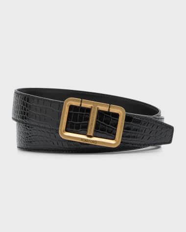 TOM FORD Men's Alligator-Print Leather T-Buckle Belt