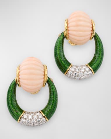 NM Estate Estate Webb 18K Yellow Gold Green Enamel, Pink Coral and Diamond Clip Earrings