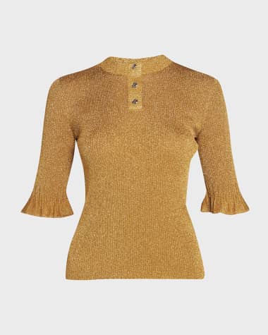 Bottega Veneta Metallic Rib Ruffle-Cuff Henley Shirt