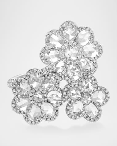 64 Facets Floral 18K White Gold 3-Flower Diamond Ring, Size 5.75