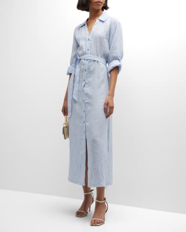 SIMKHAI Tallulah Striped Linen Shirting Belted Midi Shirtdress