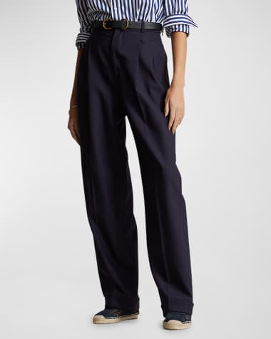 Navy Geometric-print silk-twill wide-leg trousers, Polo Ralph Lauren