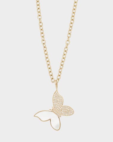 Sydney Evan 14K Yellow Gold Large Butterfly Charm Necklace with Pearl Inlay and Diamonds