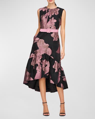 Kay Unger New York High-Low Belted Floral-Print Midi Dress
