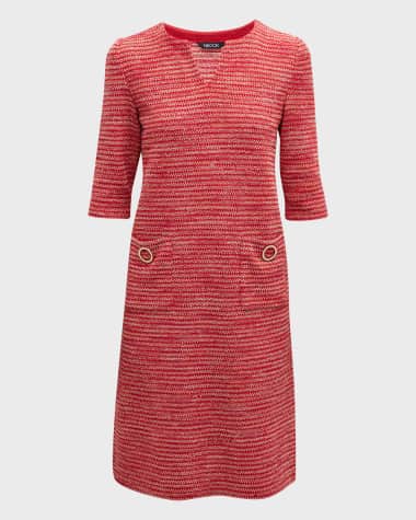 Misook Split-Neck Tweed Shift Dress