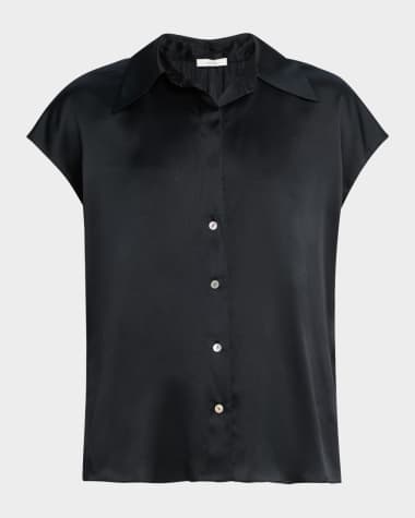 Vince Cap-Sleeve Ruched-Back Silk Blouse