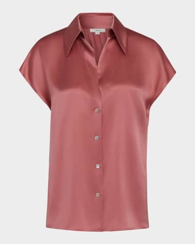 Vince Cap-Sleeve Ruched-Back Silk Blouse