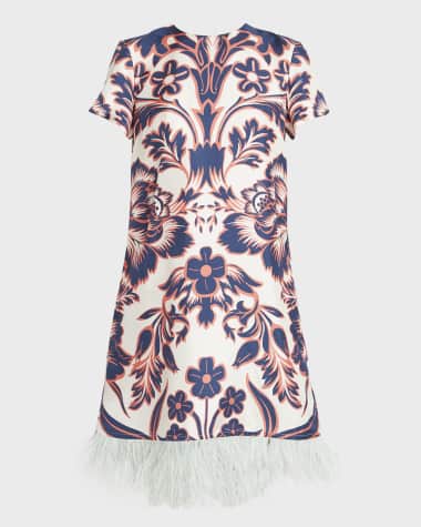 La DoubleJ Patterned Mini Swing Dress with Feather Trim
