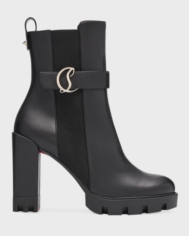 Christian Louboutin Leather Buckle Red Lug Sole Chelsea Booties