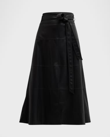 Tanya Taylor Hudson Faux Leather Belted Tiered Seam Midi Skirt