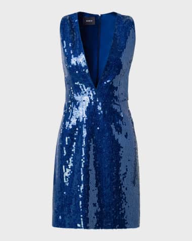 Akris V-Neck Short Dress with Liquid Paillette Detail