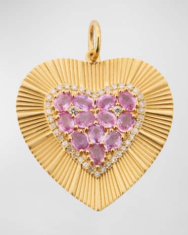 Siena Jewelry 14K Yellow Gold Pink Sapphire and Diamond Fluted Heart Charm