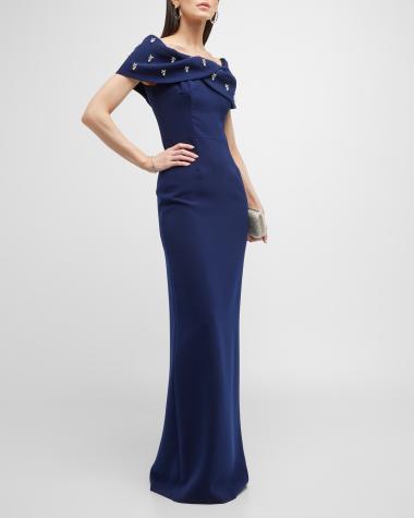 Crepe Off Shoulder Jewel Trim Portrait Column Gown