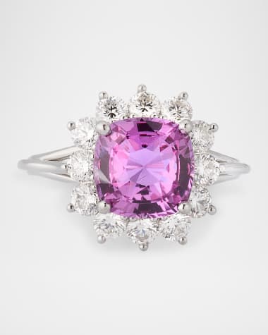 NM Estate Estate Platinum Pink Sapphire Cushion and Diamond Halo Ring, Size 7