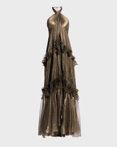 Maria Lucia Hohan Zadie B Metallic Tiered Ruffle Halter Gown