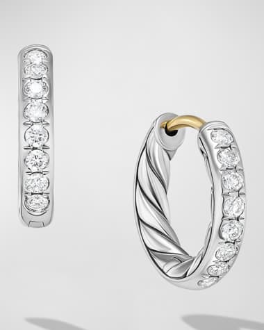 David Yurman Sculpted Cable Huggie Hoop Earrings with Diamonds in Silver, 2.4mm, 0.5"L