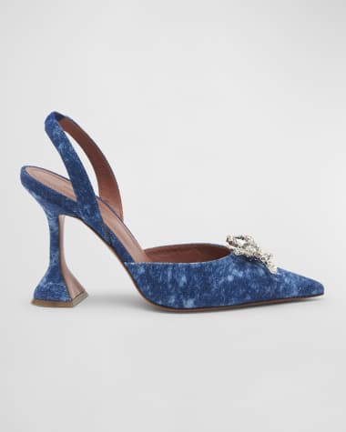 Amina Muaddi Rosie Denim Crystal Bow Halter Pumps