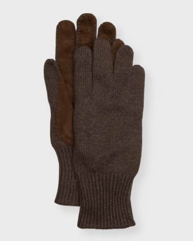 Brunello Cucinelli Men's Suede-Palm Cashmere Knit Gloves