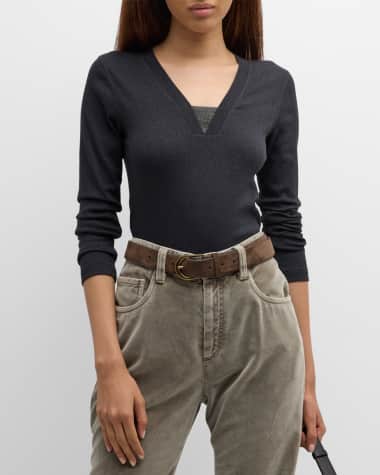 Brunello Cucinelli Cotton Jersey Long-Sleeve Top With Monili V-Neck
