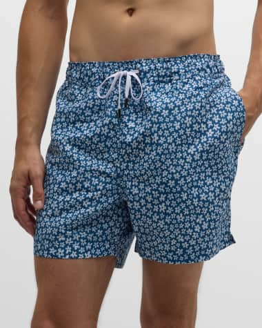 White & Blue Watercolor Monogram Swim Shorts