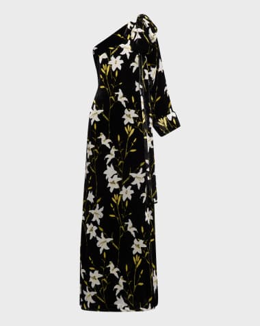 BERNADETTE Nel Velvet Floral One-Shoulder Dress with Bow Shoulder
