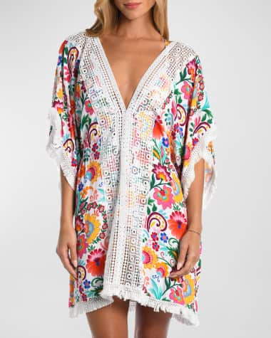 Embroidered Beach Cover Up/Tunic With Neckline Tassel Ties