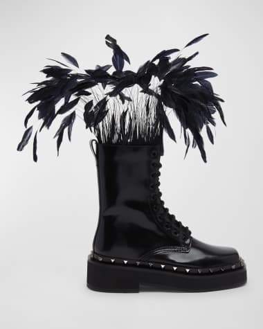 Valentino Garavani Rockstud Patent Leather Combat Boots with Feathers