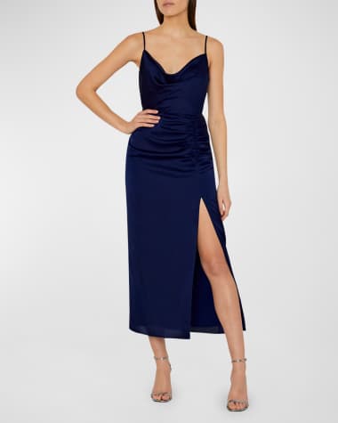 high neck black dress with slit Long midi corset satin dress with a side slit