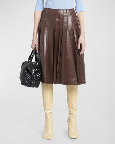 Bottega Veneta Smooth Nappa Leather Plisse Midi Skirt