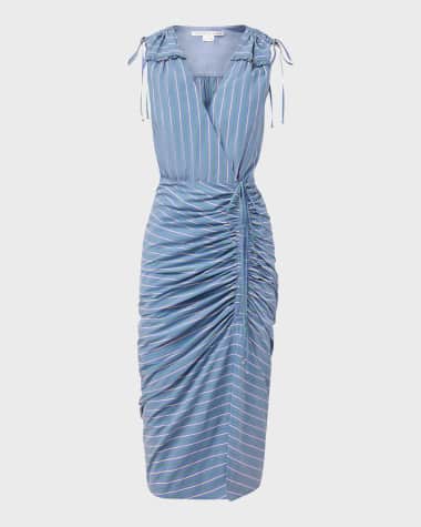 Veronica Beard Teagan Stripe Ruched V-Neck Midi Dress