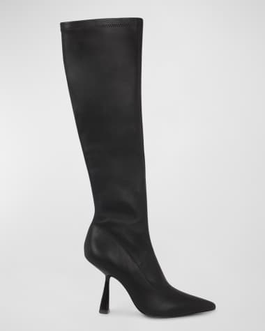 Black Suede Studio Stretch Leather Point-Toe Knee Boots