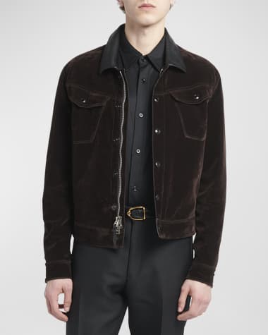 TOM FORD Men's Flocked Denim Western Jacket with Leather Collar