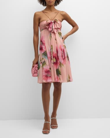 Giambattista Valli Floral-Print Bow Empire-Waist Halter Dress