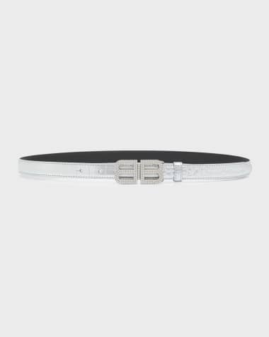 Balenciaga BB Hourglass Thin Belt In Crocodile Embossed With Rhinestones  Optic White in Calfskin Leather with Aged Silver-tone - US